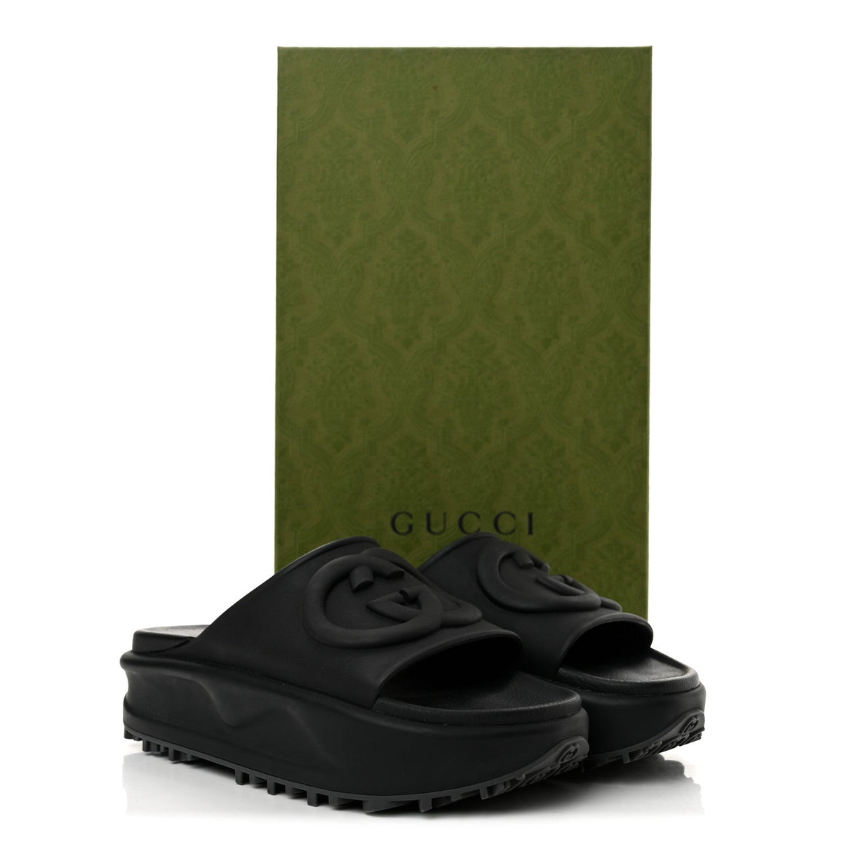 Soft Rubber Womens Interlocking G Platform 42mm Slide Sandals 36 Black