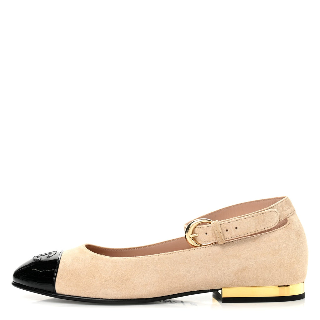 Suede Patent Cap Toe CC Mary Jane Flats 36.5 Light Pink Black