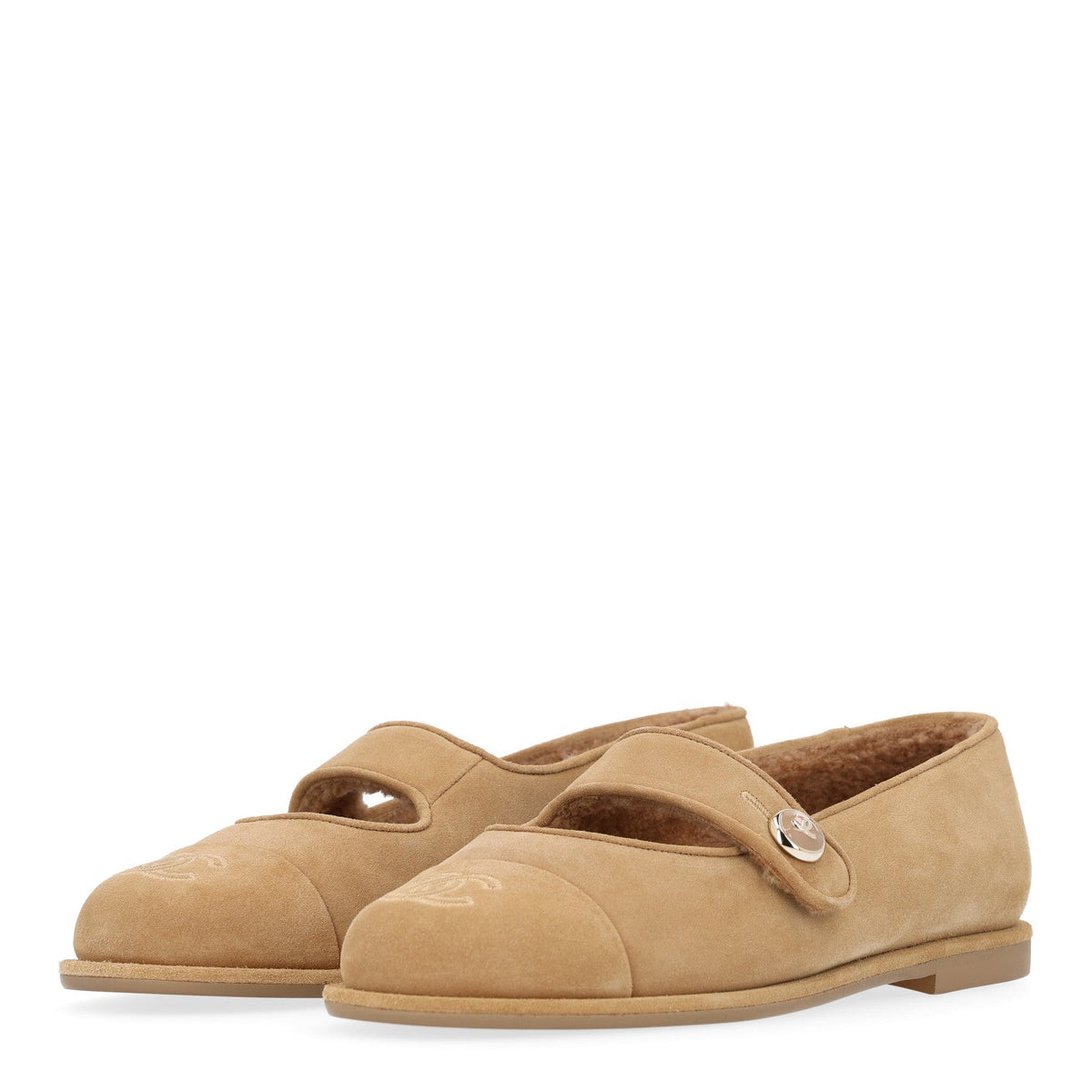 Suede Calfskin Cap Toe CC Mary Jane Flats 38 Beige