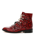 Calfskin Snakeskin Embossed Studded Elegant Flat Ankle Boots 38.5 Red