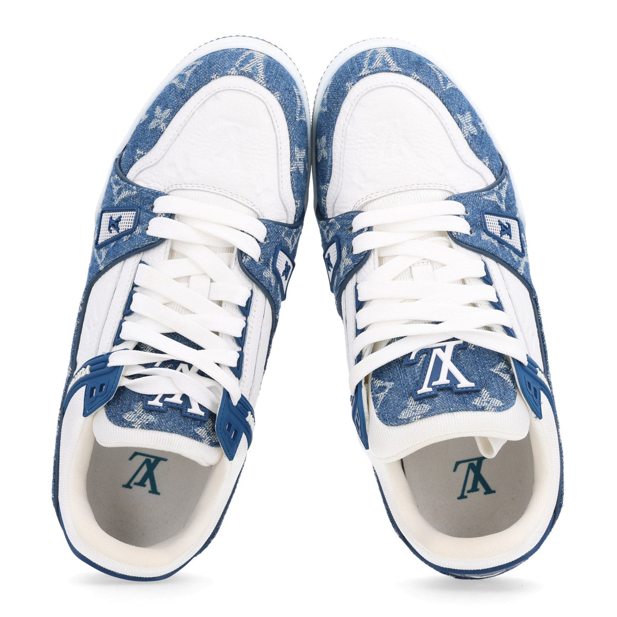 Calfskin Embossed Monogram Denim Womens LV Trainer Sneakers 40 Blue
