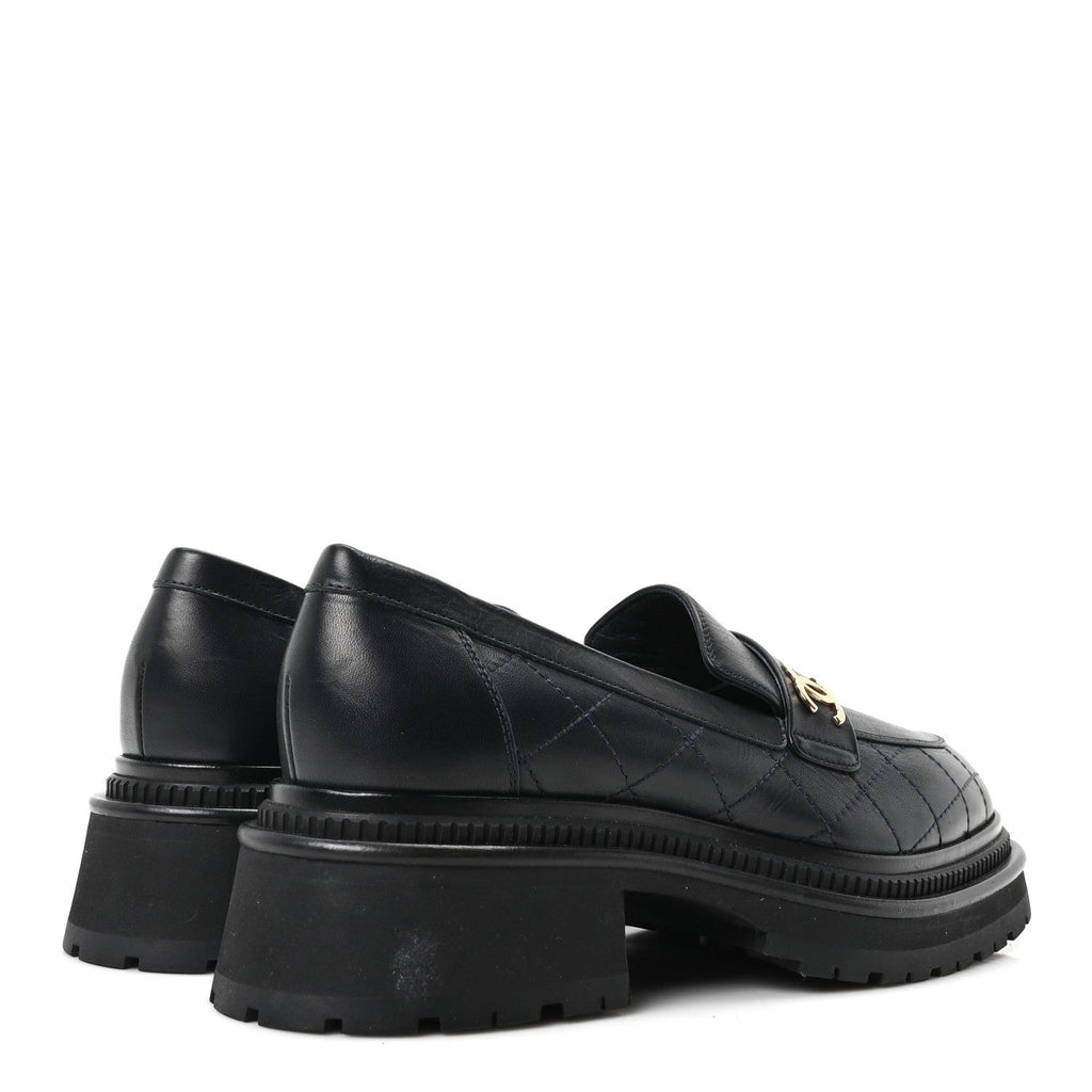 Calfskin Quilted CC Mocassin Loafers 40 Navy Blue