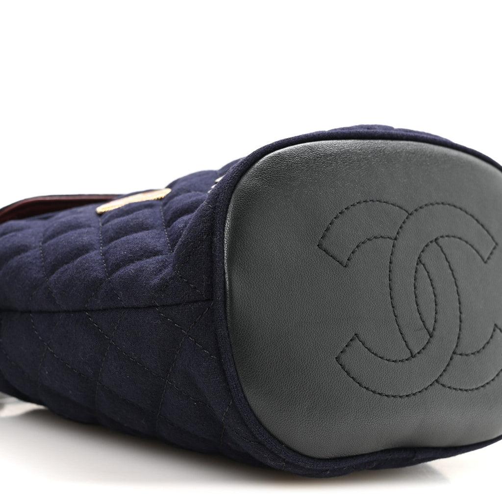 Wool Lambskin Quilted Paris Hamburg Charms Bucket Bag Dark Navy