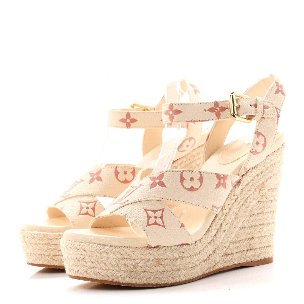 Empreinte Monogram Starboard Espadrille Wedge Sandals 37 Creme Rose Trianon