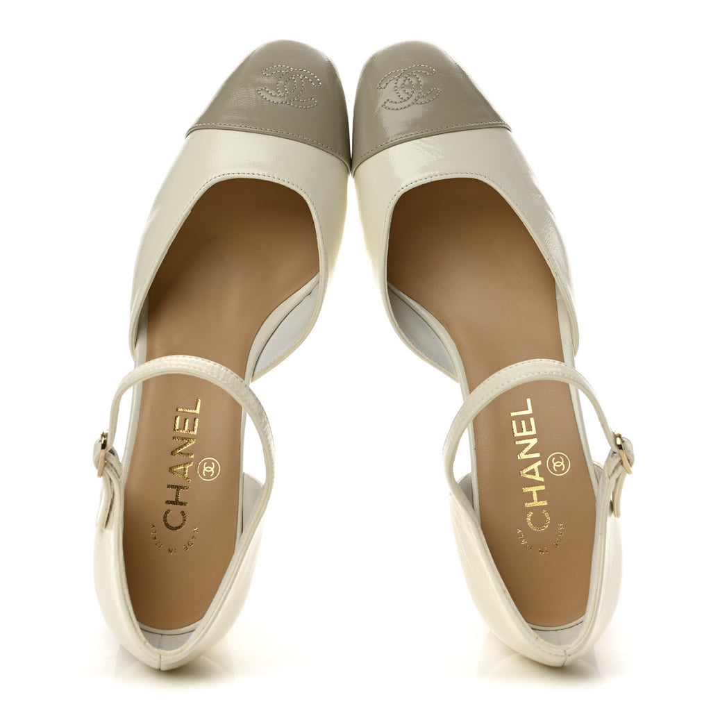 Shiny Lambskin CC Cap Toe Mary Janes Pumps 40 White Light Beige