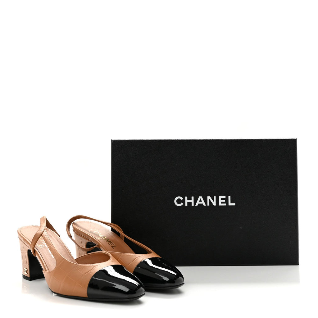 Calfskin Crocodile Embossed Patent Cap Toe CC Slingback Pumps 38.5 Light Brown Black