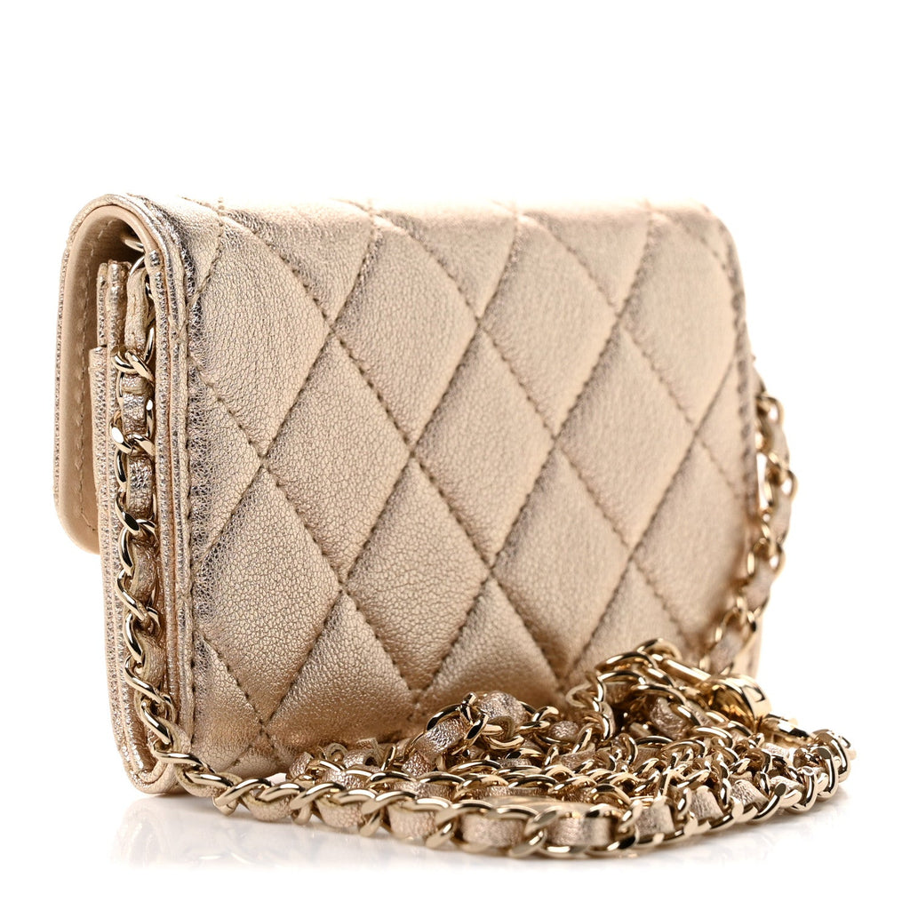 Metallic Lambskin Quilted Belt Bag Gold