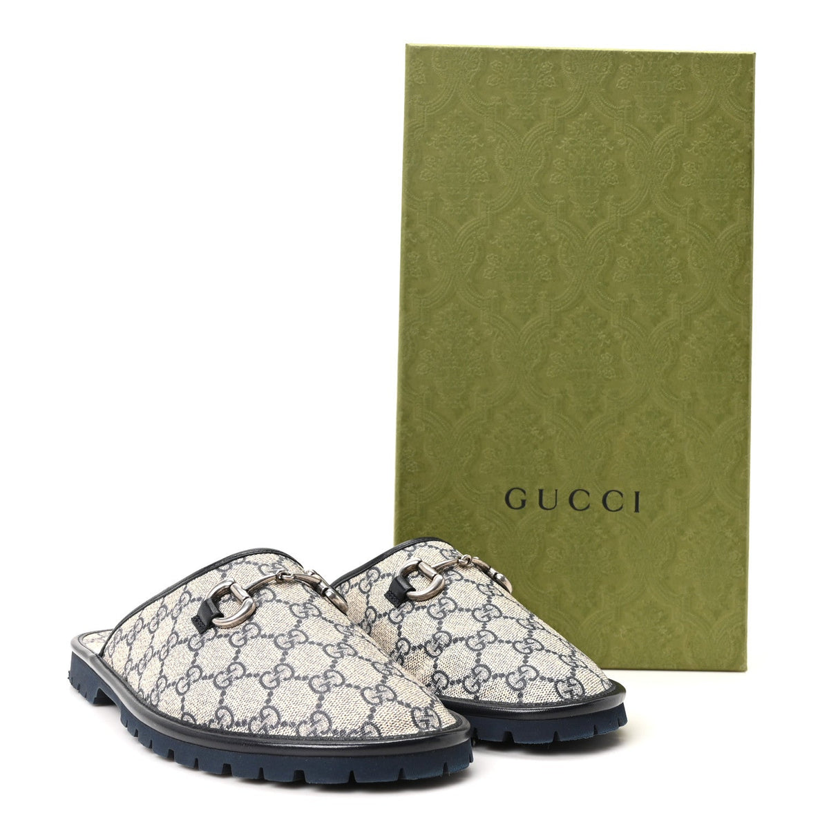 GG Supreme Monogram Granada Kid Mens Horsebit Lug Sole Mules 8.5 Beige Blue