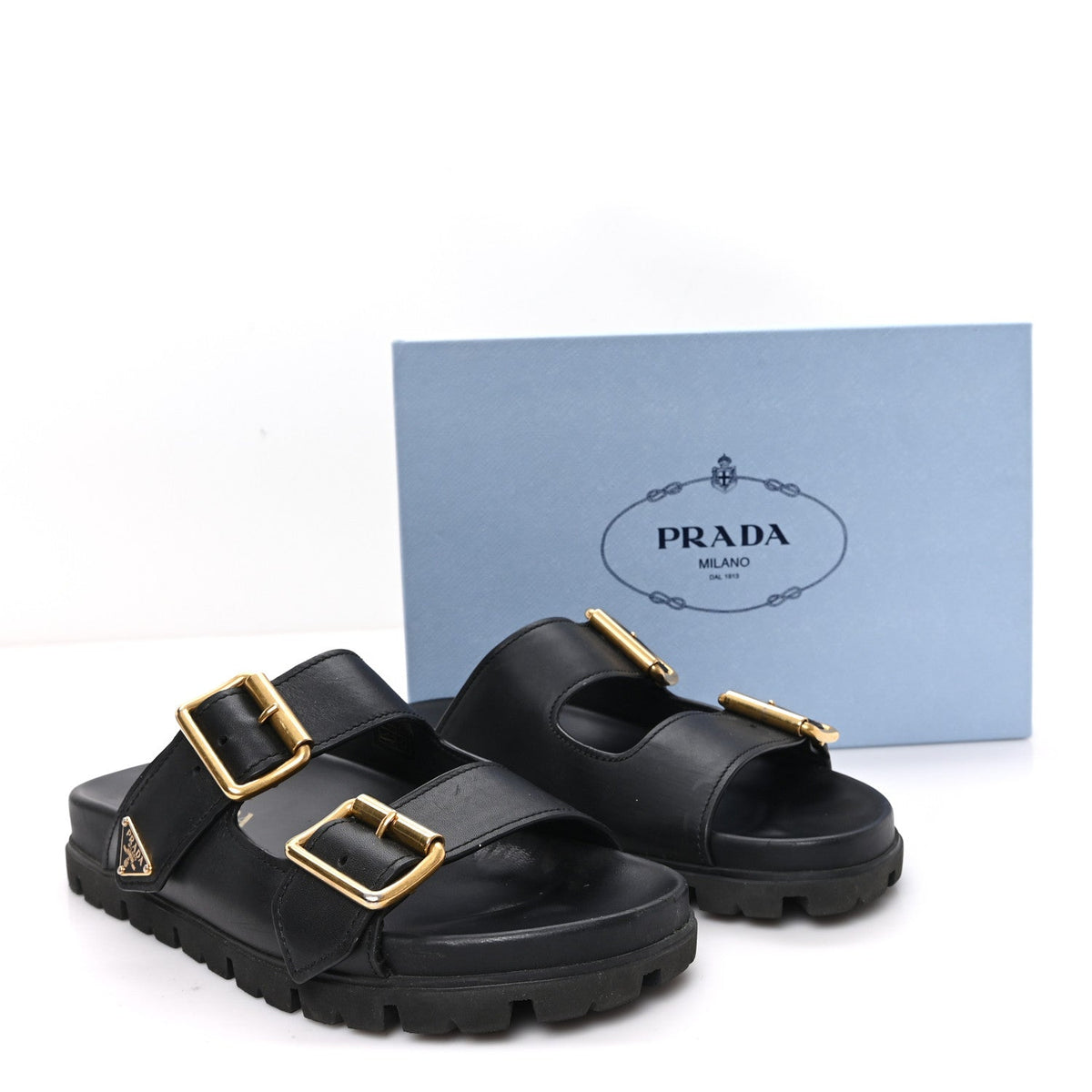 Vitello Sport Metal Triangle Logo Womens Double Buckle 20mm Slide Sandals 38.5 Black