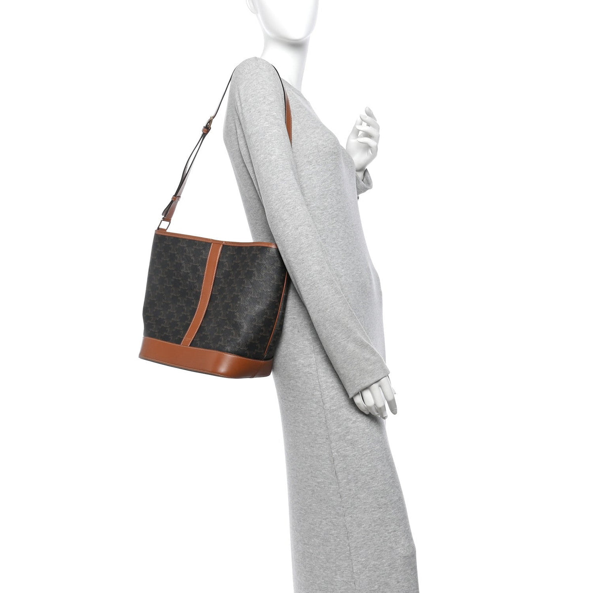 Triomphe Canvas Calfskin Medium Bucket Bag Tan