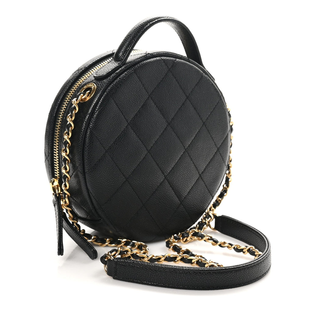 Caviar Quilted Small Round Vanity With Chain Black