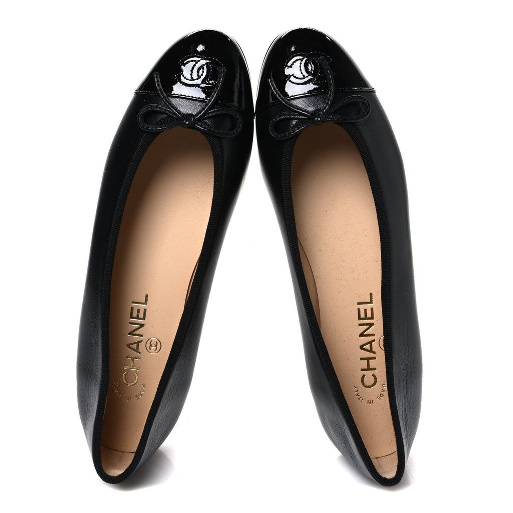 Lambskin Patent Cap Toe Ballerina Flats 39.5 Black