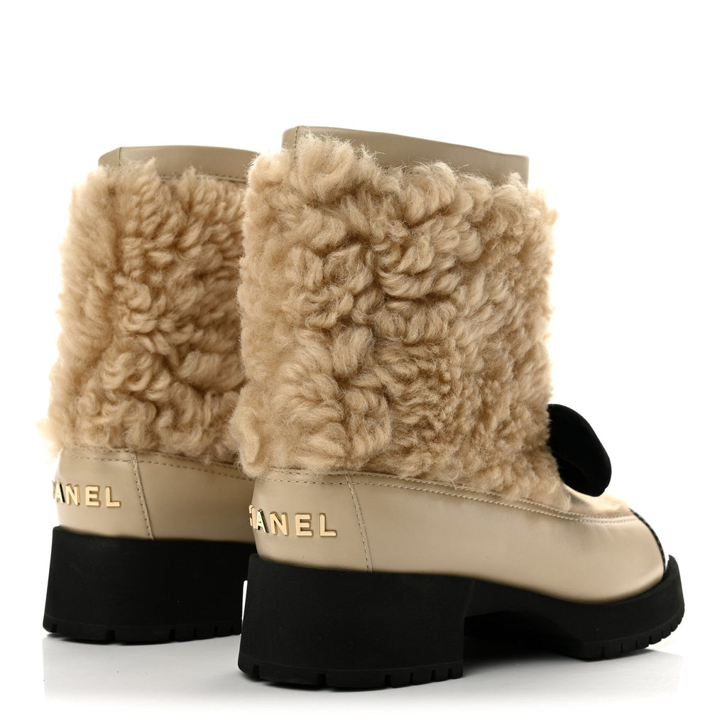 Shearling Lambskin Calfskin Patent Bow Short Boots 36.5 Beige Black