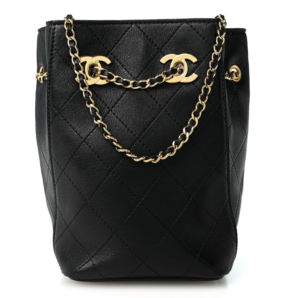 Lambskin Quilted Mini Bucket Bag With Chain  Black