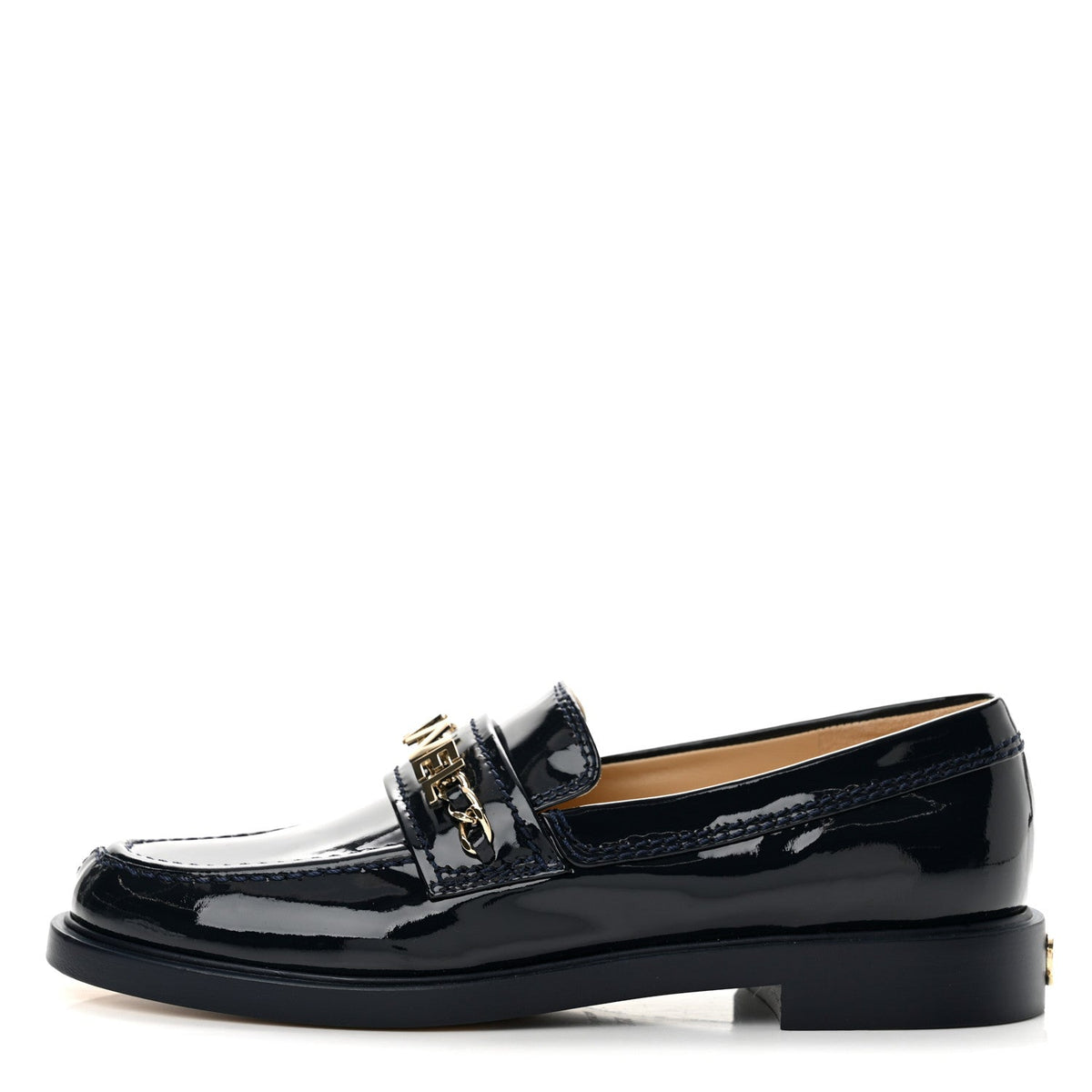 Shiny Calfskin Logo Loafers 36.5 Navy Blue