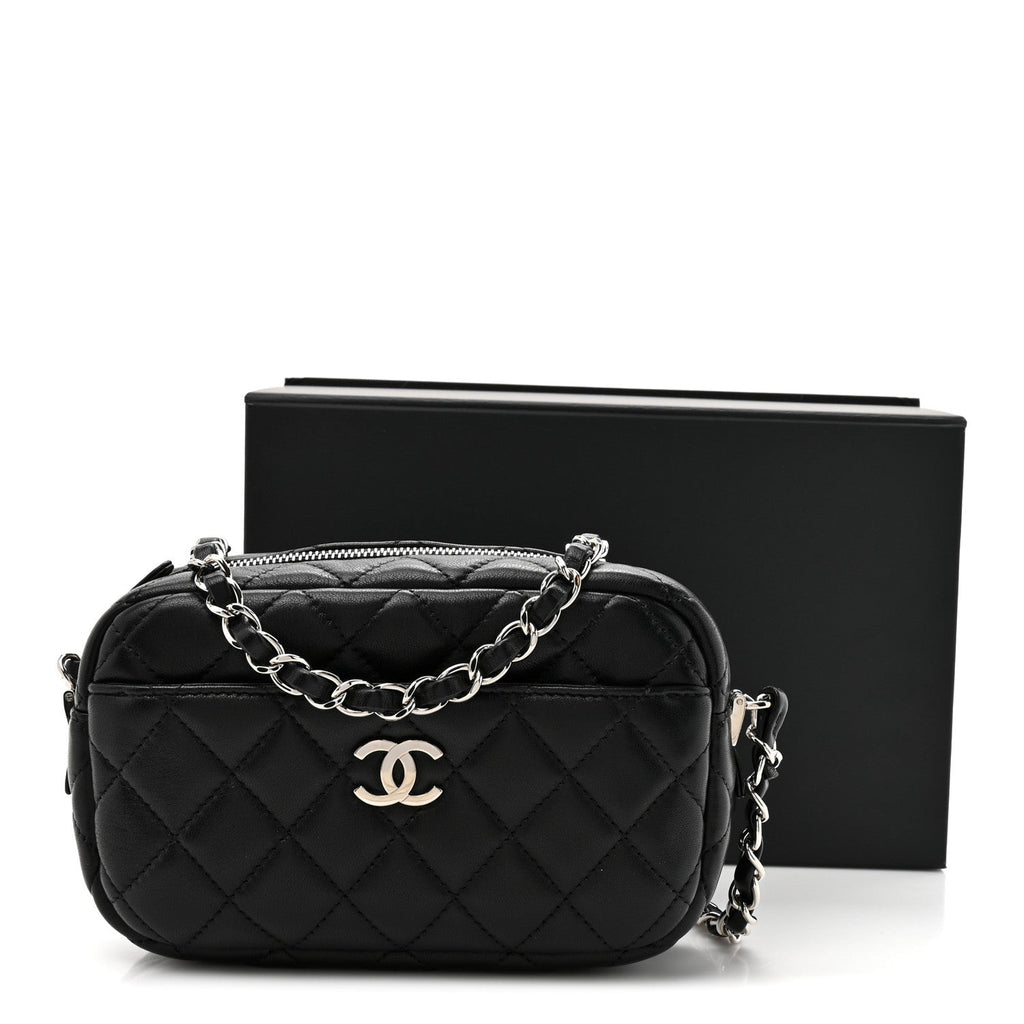 Lambskin Quilted Small Camera Case Black
