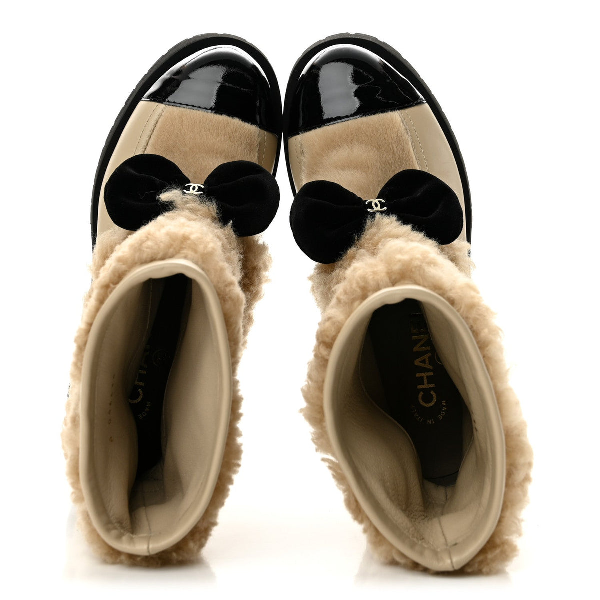 Shearling Lambskin Calfskin Patent Bow Short Boots 36.5 Beige Black