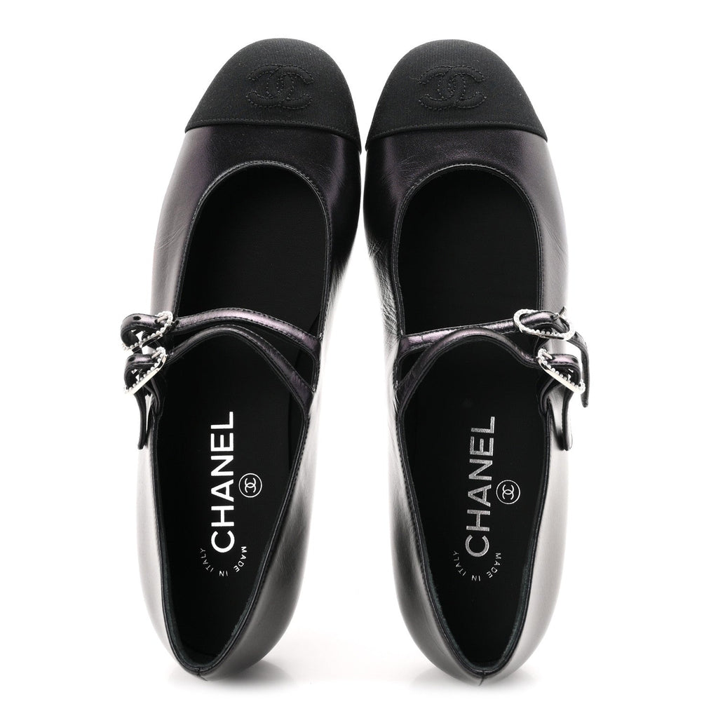 Lambskin Grosgrain Pearl Mary Jane Flats 38 Black