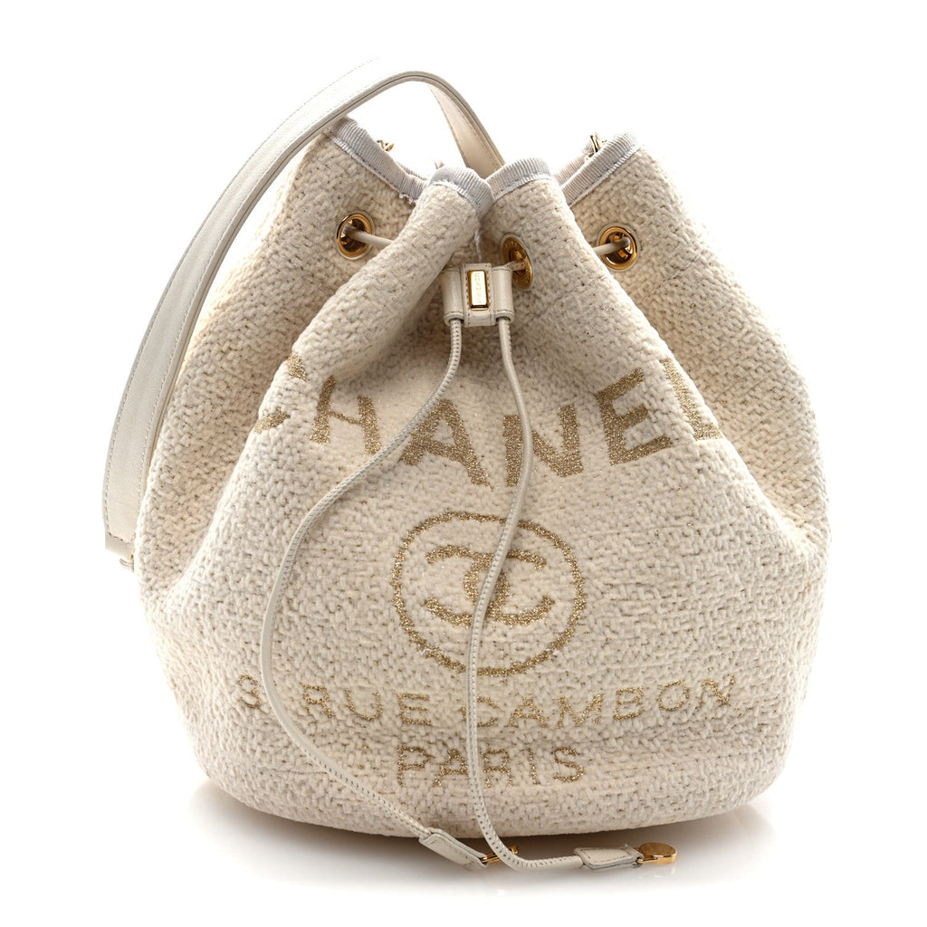 Lurex Boucle Deauville Drawstring Bucket Bag Ivory