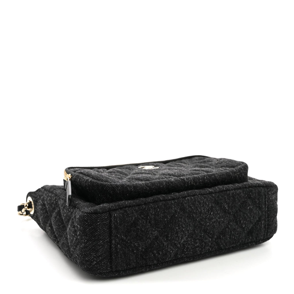 Denim Quilted Small Preppy Pocket Clutch With Chain  Black