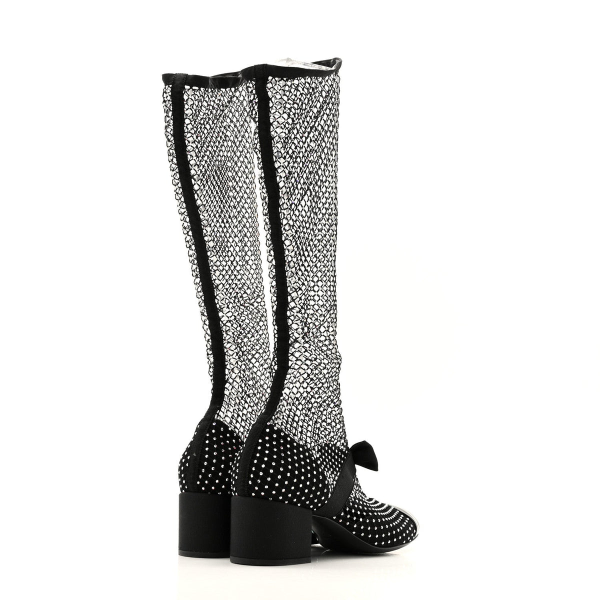Mesh Crystal Patent CC Bow High Boots 38.5 Black