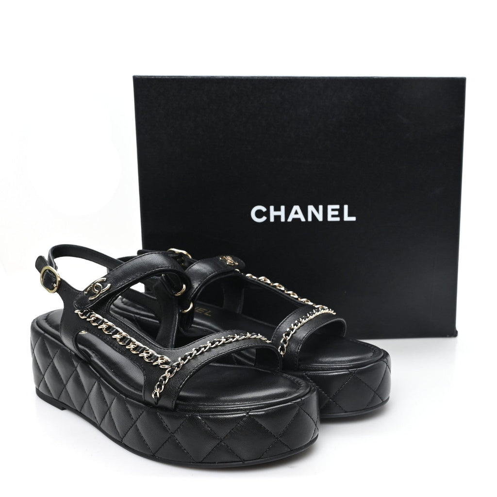 Lambskin Quilted Chain CC Platform Sandals 39.5 Black