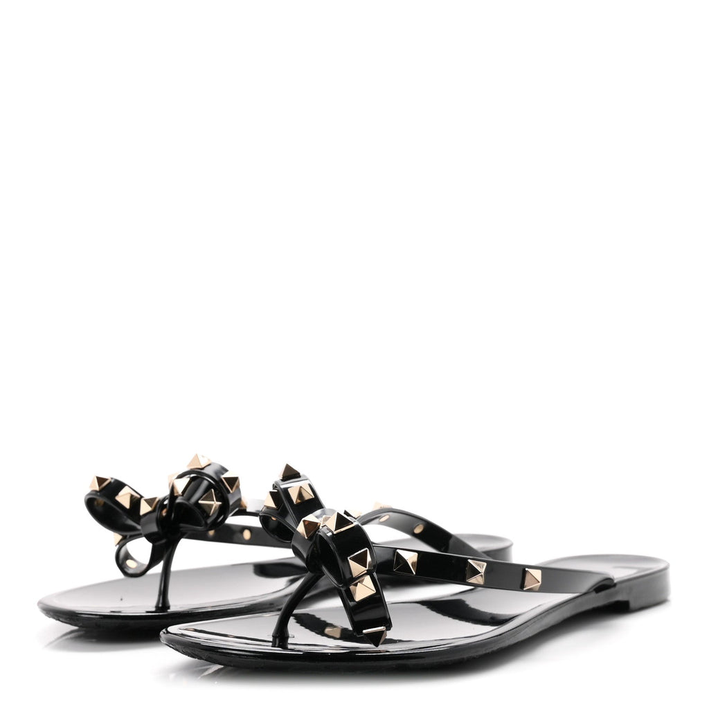 PVC Jelly Rockstud Bow Thong Sandals 40 Black