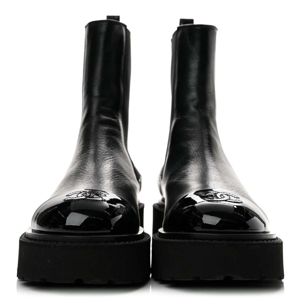 Crumpled Calfskin Patent Cap Toe Short Boots 36.5 Black