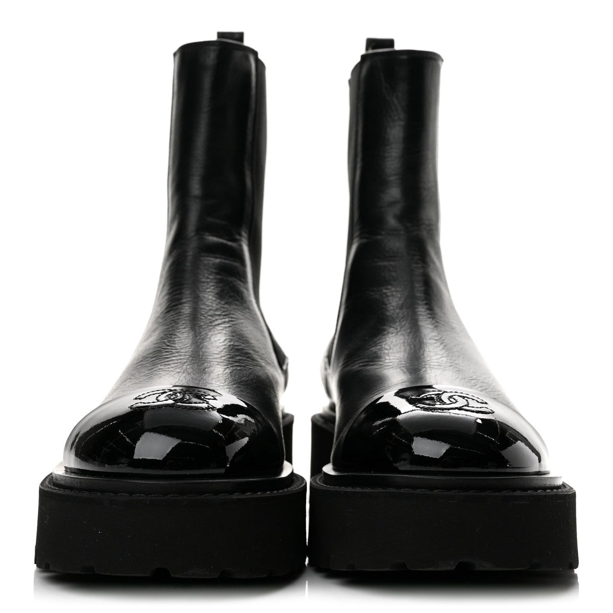 Crumpled Calfskin Patent Cap Toe Short Boots 36.5 Black