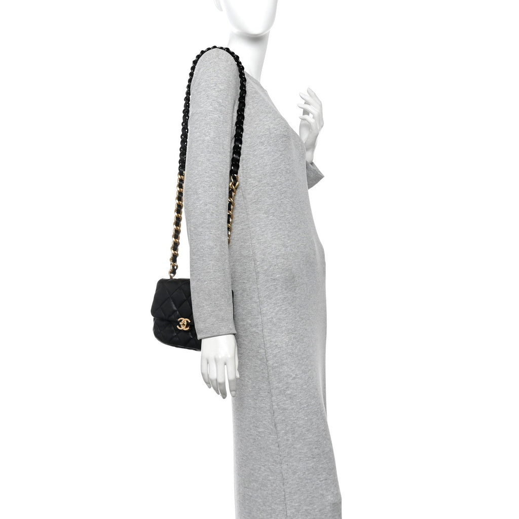 Lambskin Quilted Mini Lacquered Chain Flap Black