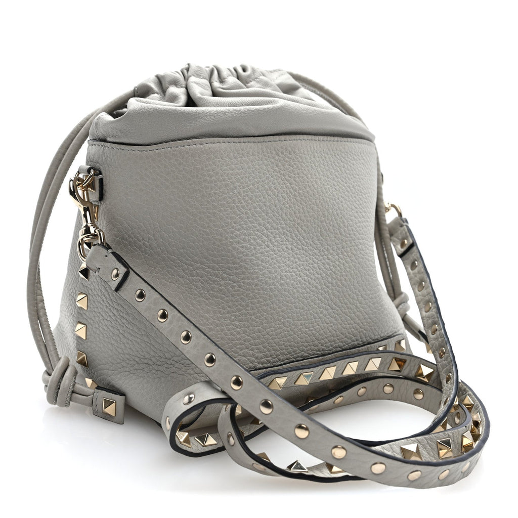 Grained Calfskin Rockstud Mini Bucket Bag Opal Grey