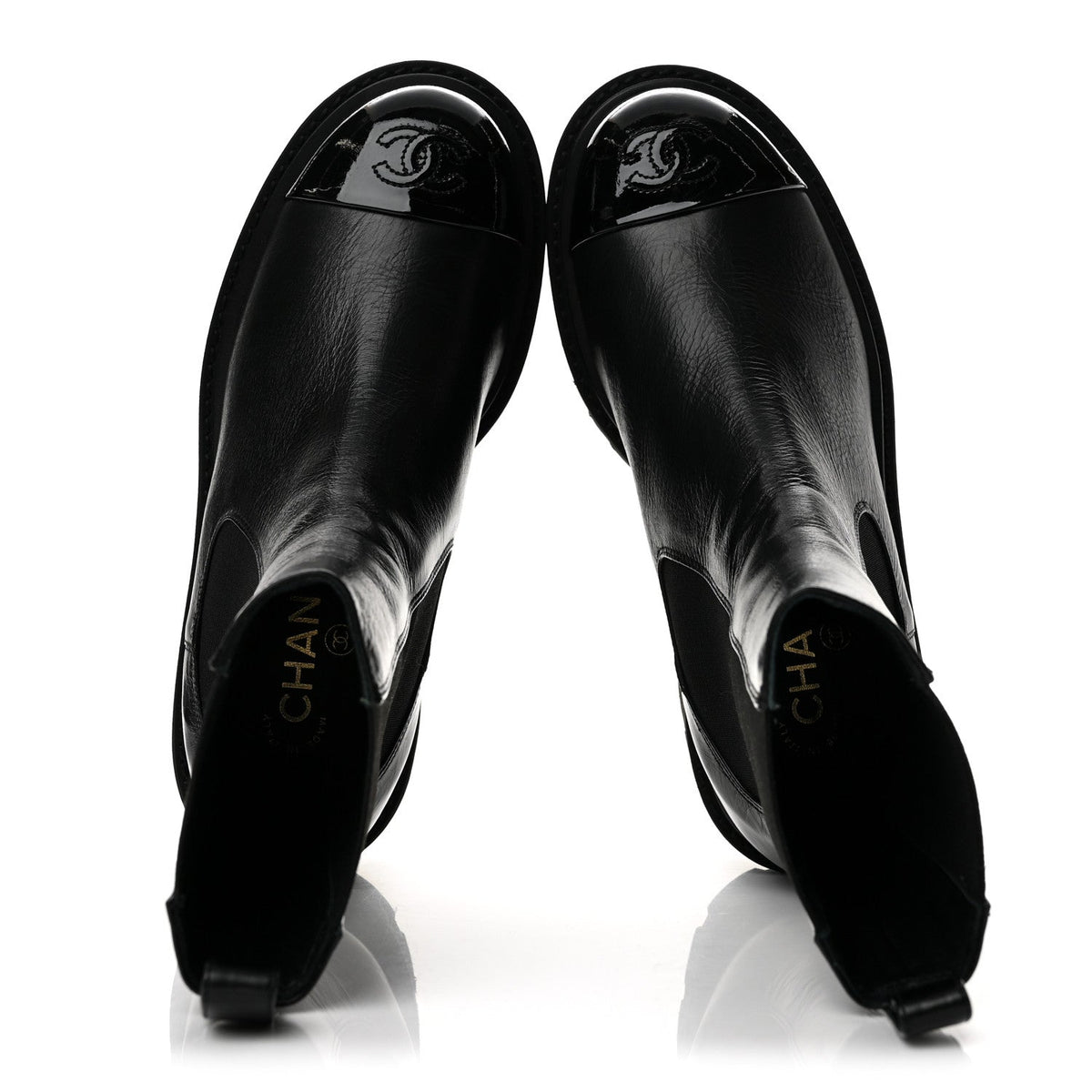 Crumpled Calfskin Patent Cap Toe Short Boots 36.5 Black