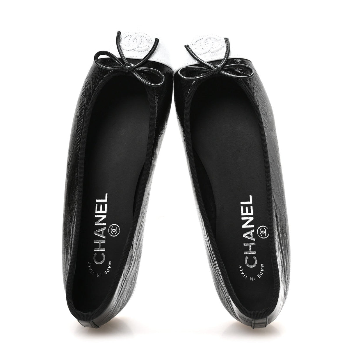 Crumpled Shiny Lambskin Cap Toe CC Ballerina Flats 38 Black White
