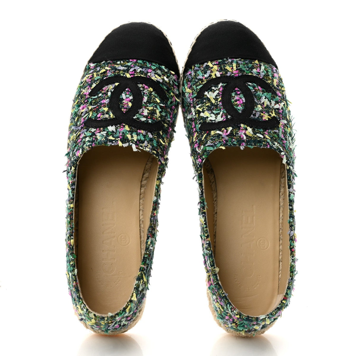 Tweed Grosgrain CC Espadrilles 37 Green Pink Yellow Black