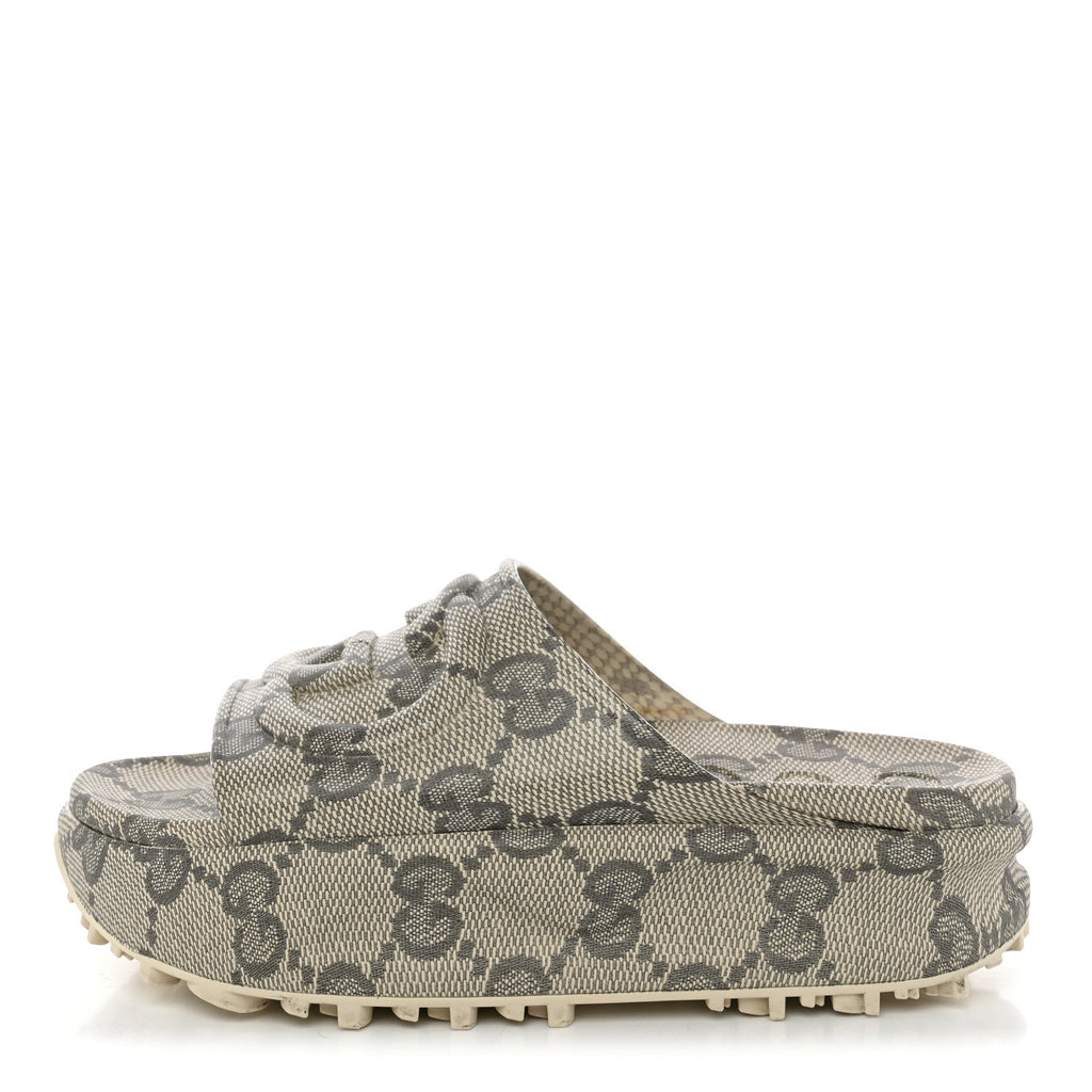 Cubic Rubber GG Monogram Womens Interlocking G Platform 42mm Slide Sandals 36 Beige Ebony
