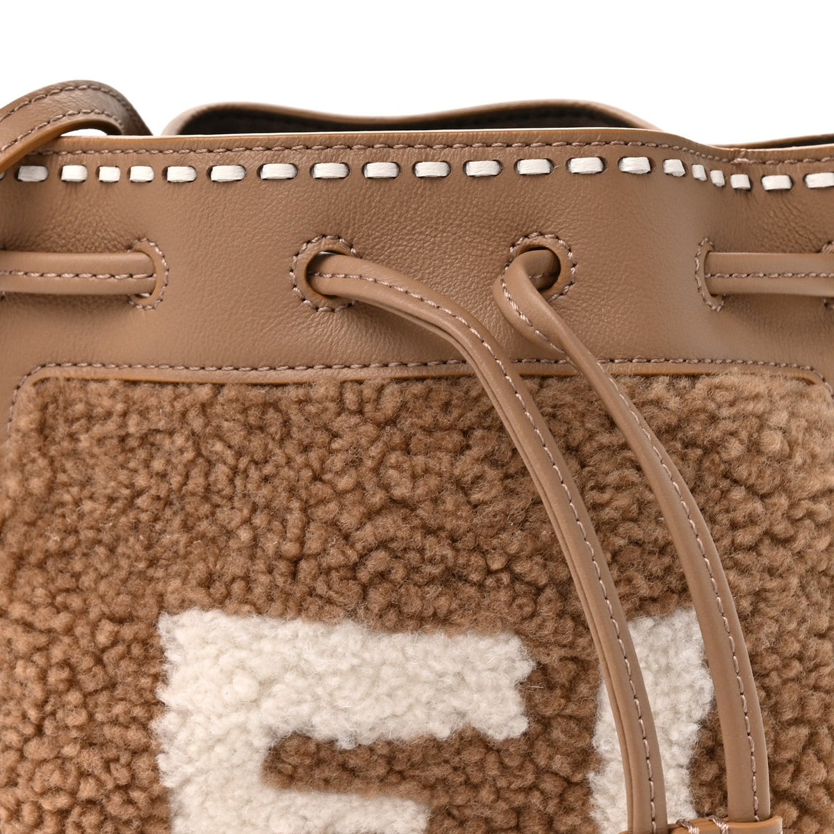 Shearling F is Fendi Macro FF 1974 Diagonal Mini Mon Tresor Bucket Bag Grace Camel