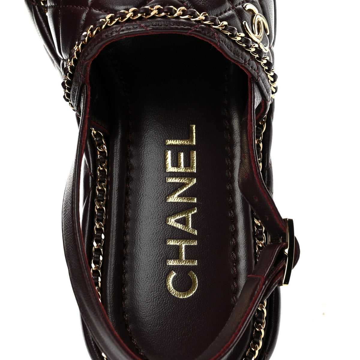 Shiny Lambskin Quilted Chain Around CC Platform Sandals 36 Burgundy