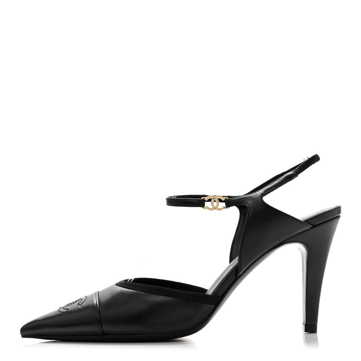 Lambskin Pointed Cap Toe CC Slingback Pumps 38 Black