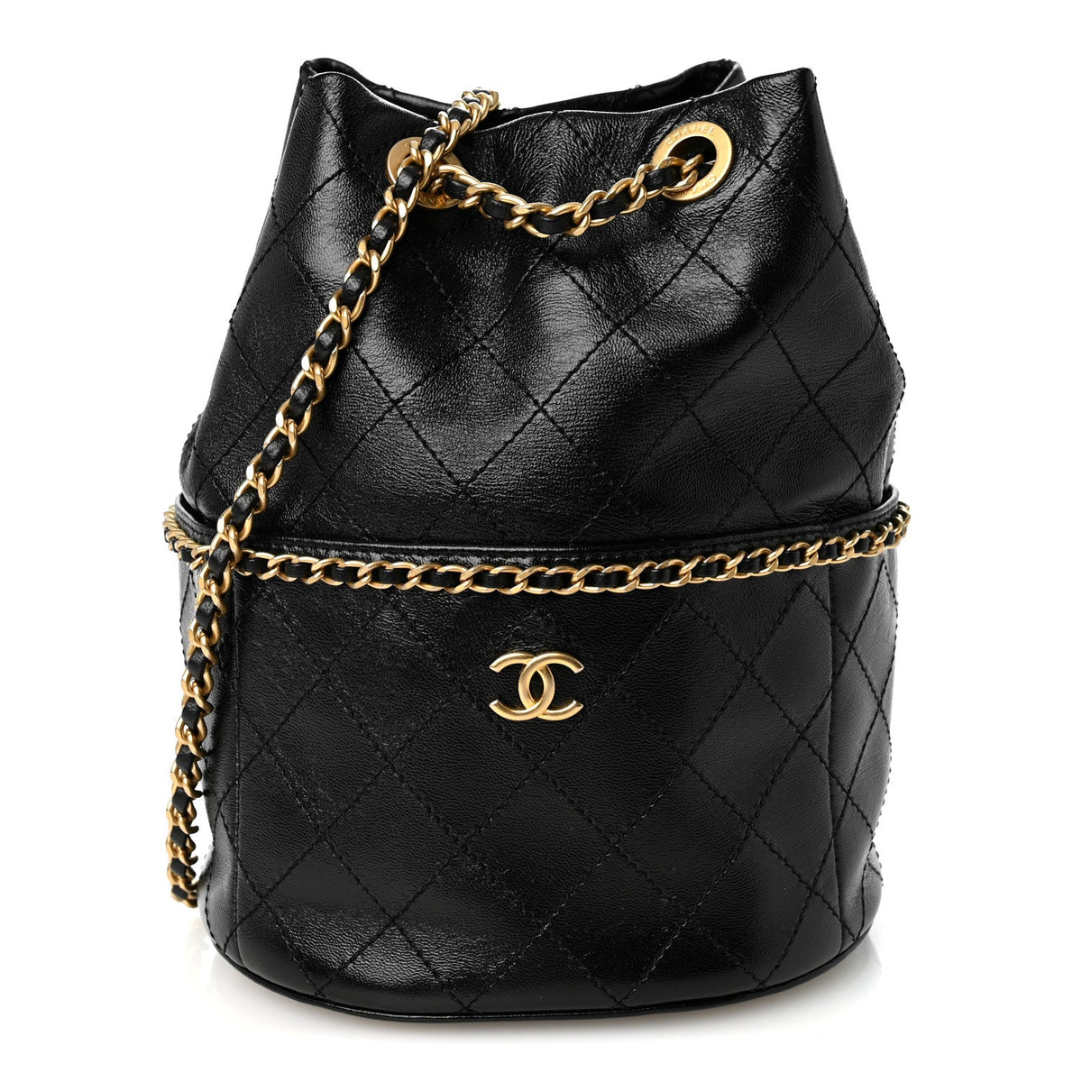 Shiny Lambskin Quilted Chain Around Drawstring Bucket Clutch With Chain Black