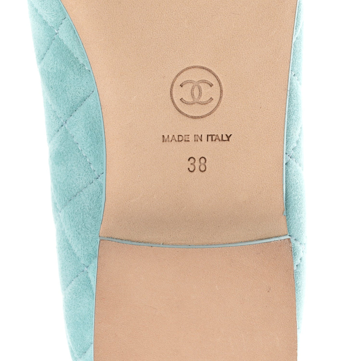 Suede Calfskin Quilted Cap Toe CC Ballerina Flats 38 Light Blue