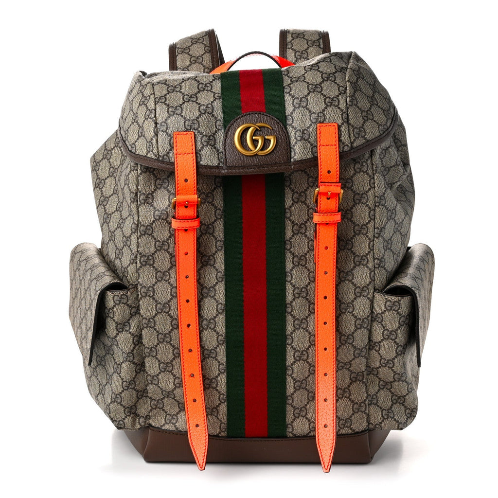 GG Supreme Monogram Medium Ophidia Double Buckle Backpack Beige Ebony Neon Orange