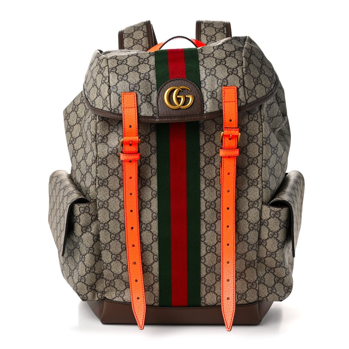 GG Supreme Monogram Medium Ophidia Double Buckle Backpack Beige Ebony Neon Orange