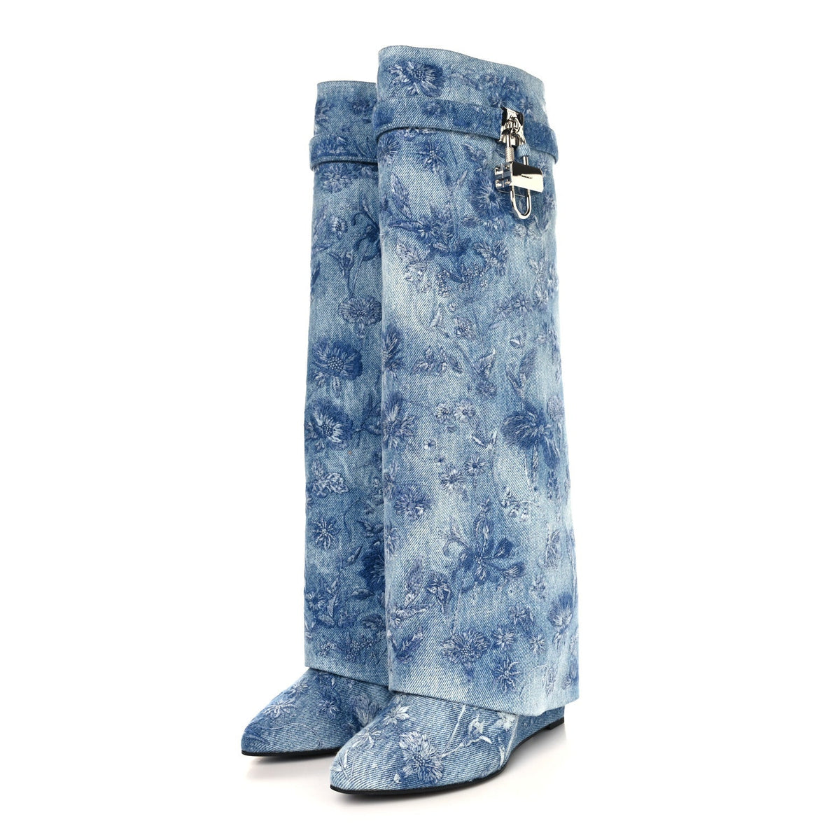 Washed Denim Floral Embroidered Shark Lock Pant Boots 40 Medium Blue