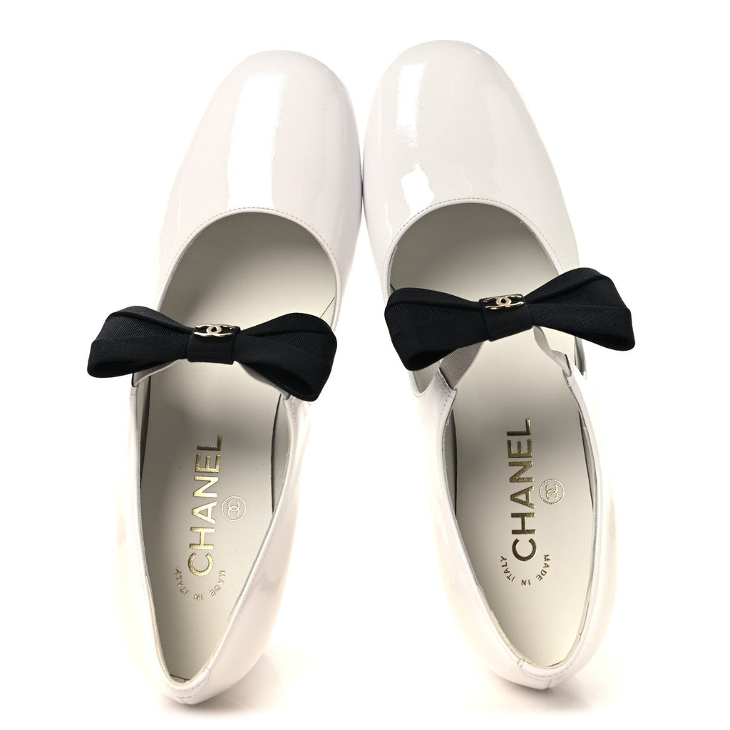 Patent Calfskin Grosgrain Bow Mary Jane Pumps 38.5 White Black