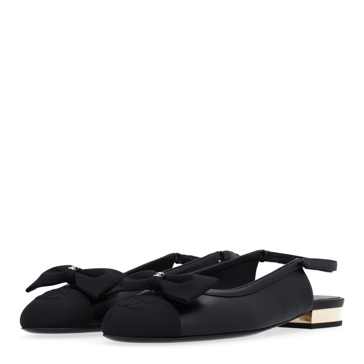 Lambskin Grosgrain Bow Cap Toe CC Slingback Flats 37.5 Black