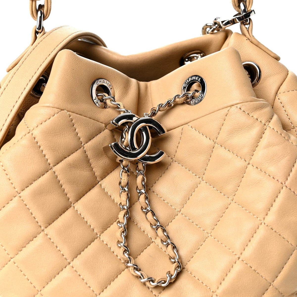 Lambskin Quilted Small CC Chain Bucket Drawstring Bag Light Beige