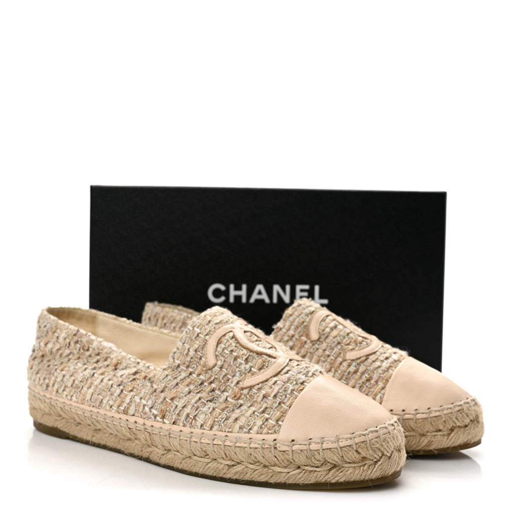 Tweed Lambskin CC Espadrilles 40 Beige Ivory