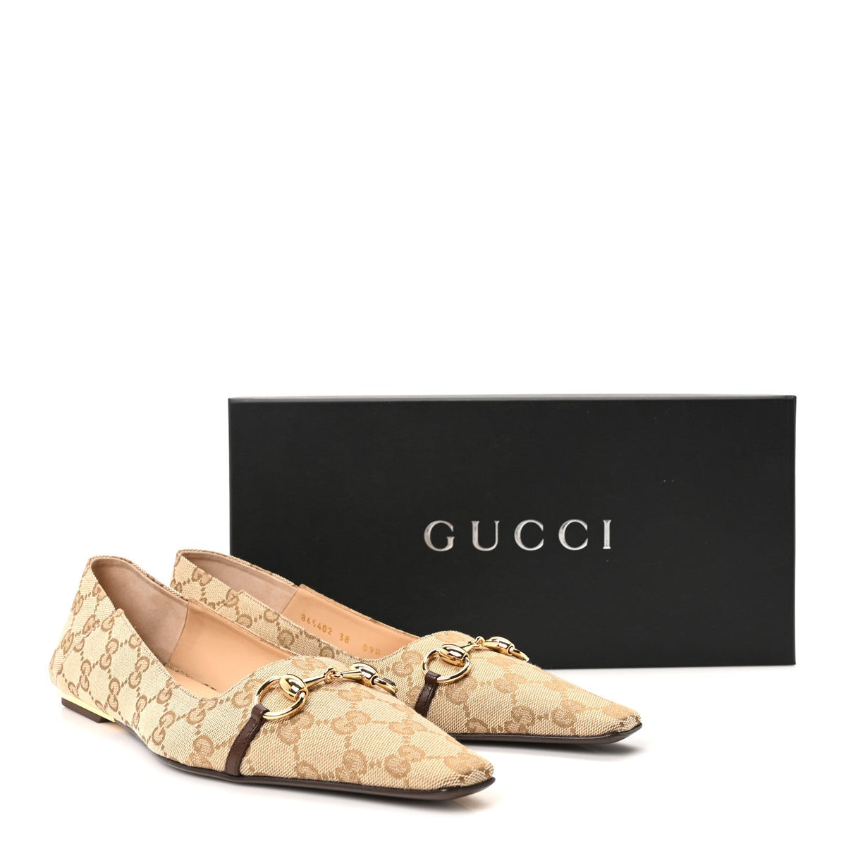 GG Monogram Horsebit Bow Ballet Flats 38 Beige Ebony Sundial