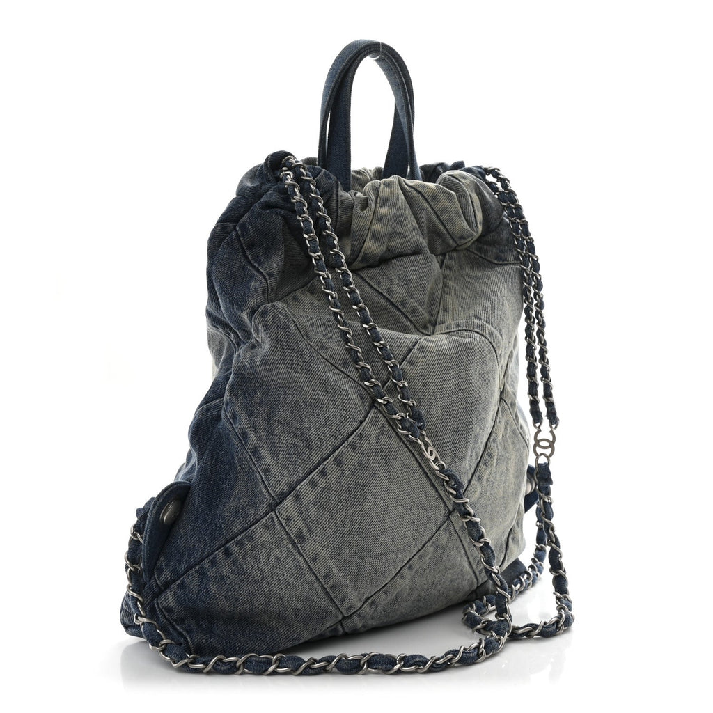 Denim Quilted Chanel 22 Backpack Blue