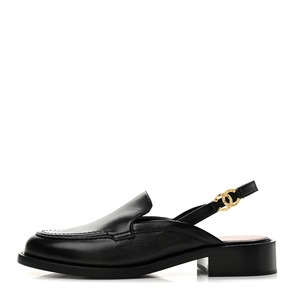 Glazed Calfskin CC Slingback Flats 39 Black
